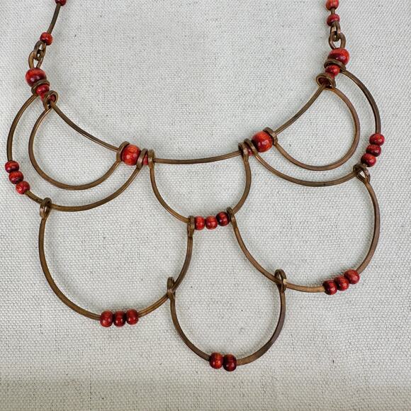 Handmade Copper Boho Choker Necklace Multi-layered w/ Red Wood Beads Hook Clasp - Picture 5 of 6